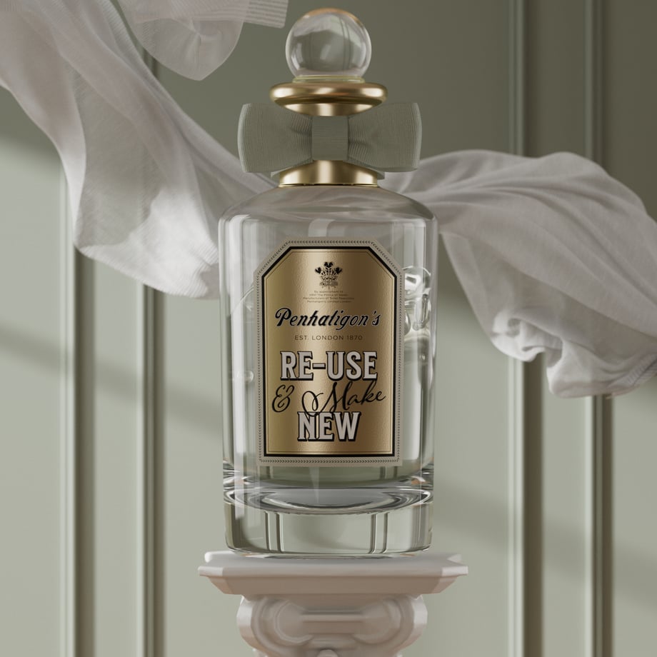 Empty penhaligons fragrance bottle with 're-use and make new' label
